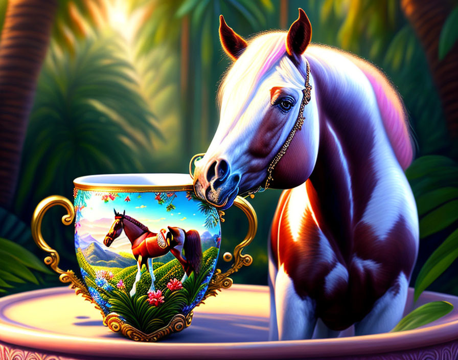 Detailed Horse and Teacup Illustration in Tropical Scene