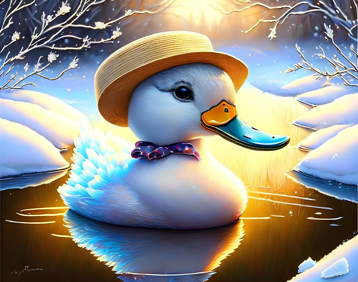 Illustrated duck in straw hat and bow tie on water in snowy landscape.