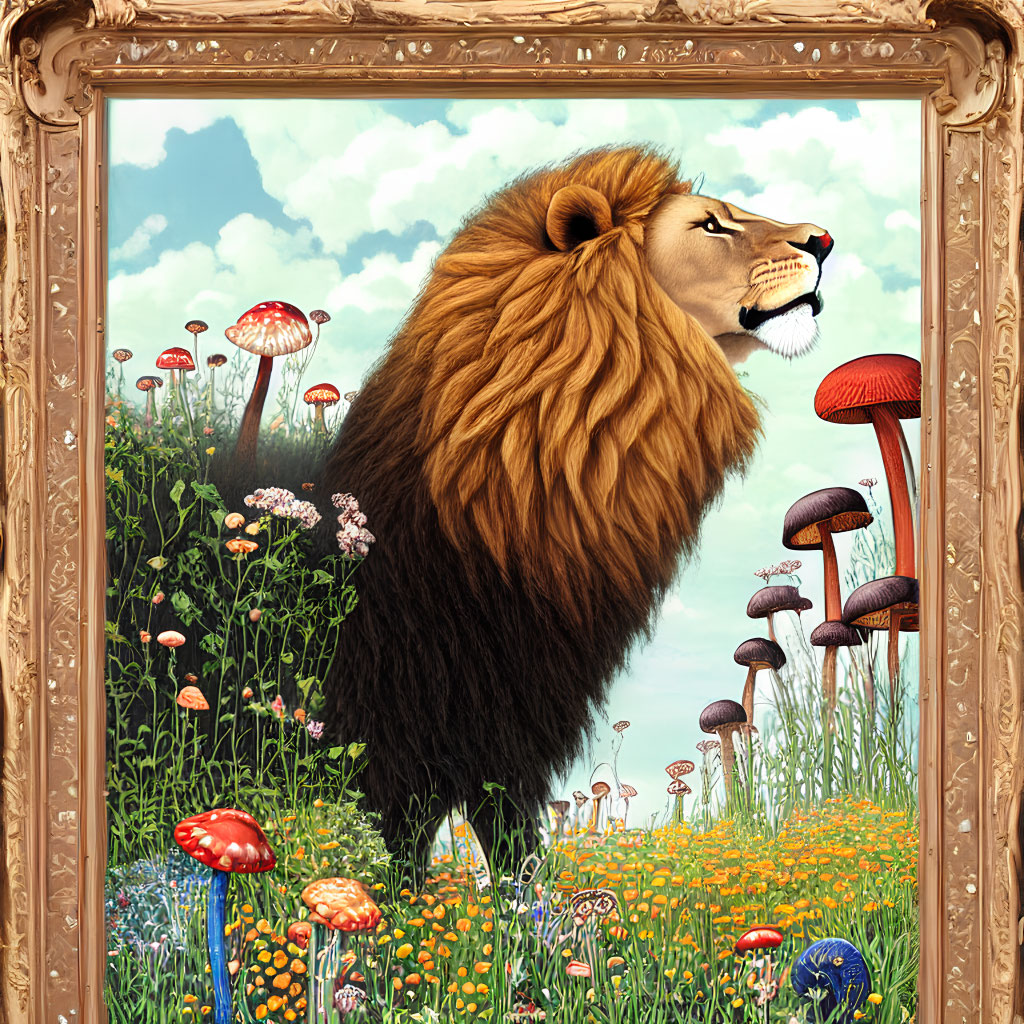 Majestic lion portrait with colorful flowers and mushrooms in golden frame