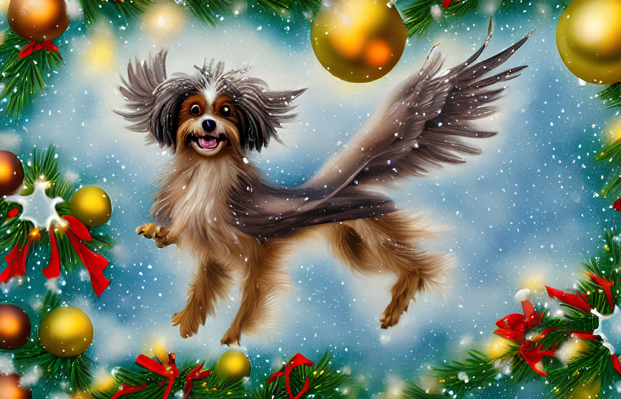 Flying Dog with Wings in Festive Christmas Scene