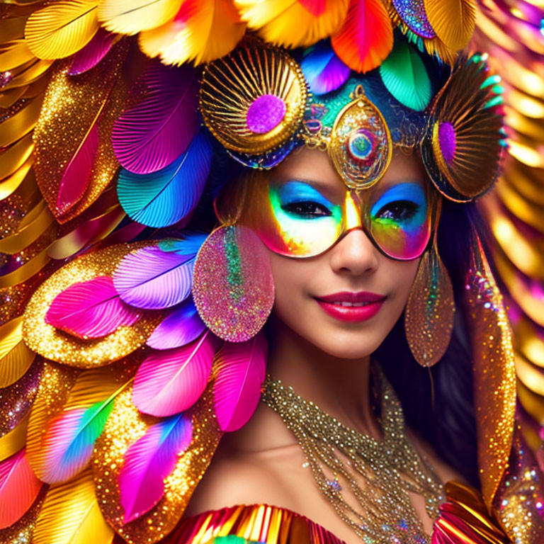 Woman in Vibrant Feathered Costume and Peacock Masquerade Mask