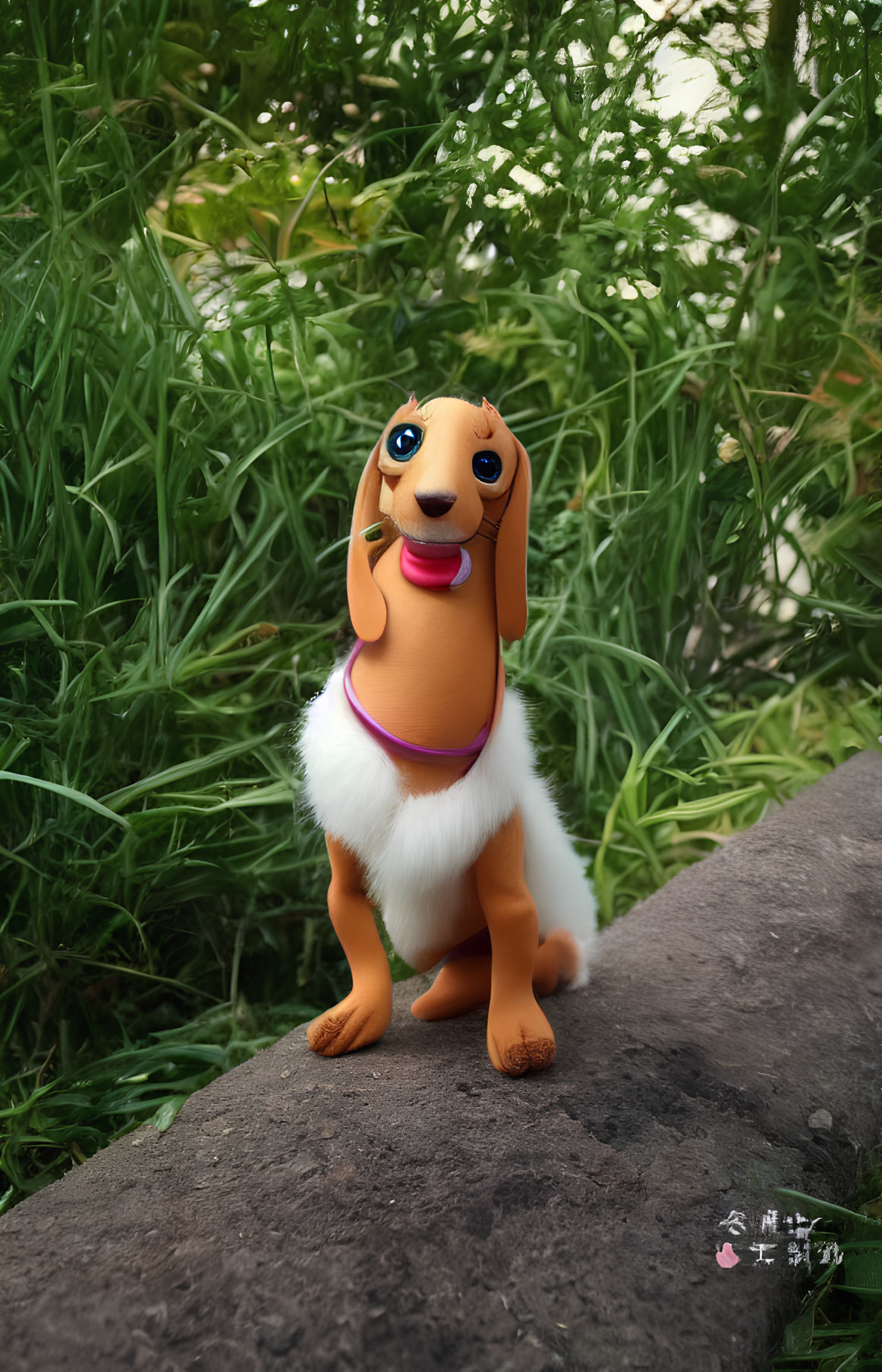 Brown and White Dog Toy Figurine on Rock with Green Plants