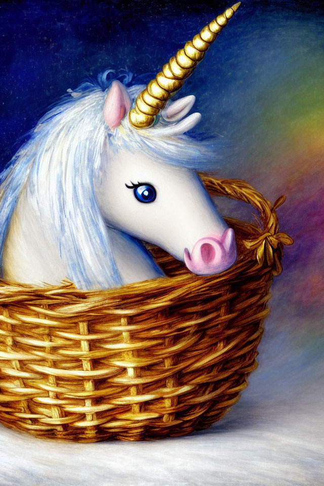 Whimsical unicorn with golden horn in woven basket on blue background