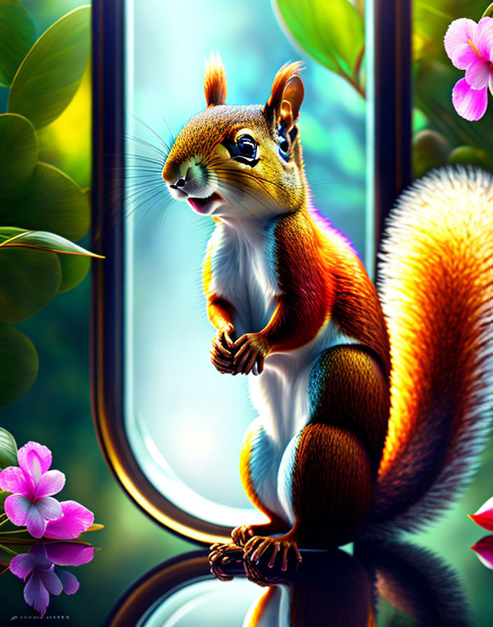 Illustrated squirrel on window sill amid green foliage and pink flowers