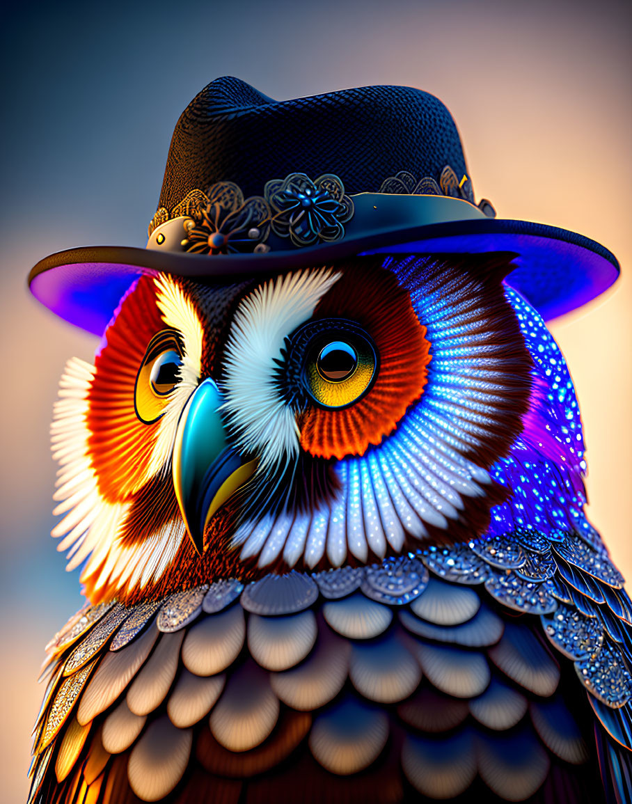 Colorful Owl Art with Intricate Hat and Feather Patterns