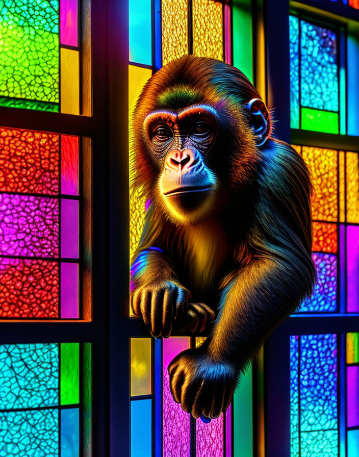 Colorful Monkey Illustration with Rainbow Stained Glass Background