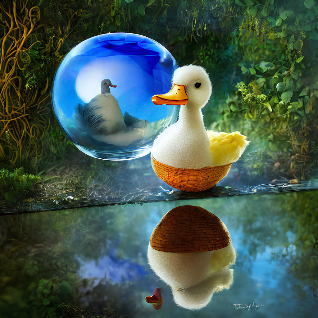 Whimsical duck in half walnut shell on water with reflection and floating bird bubble