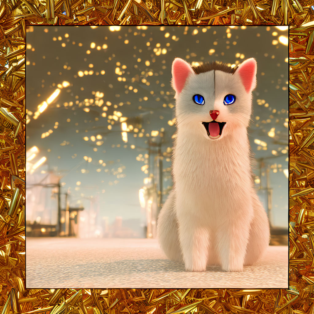 Cartoon cat with blue eyes in fantastical cityscape