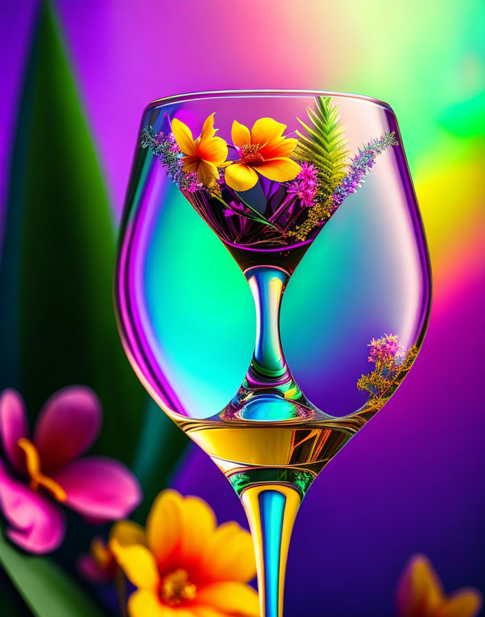 Colorful Wine Glass with Flowers on Mirrored Background