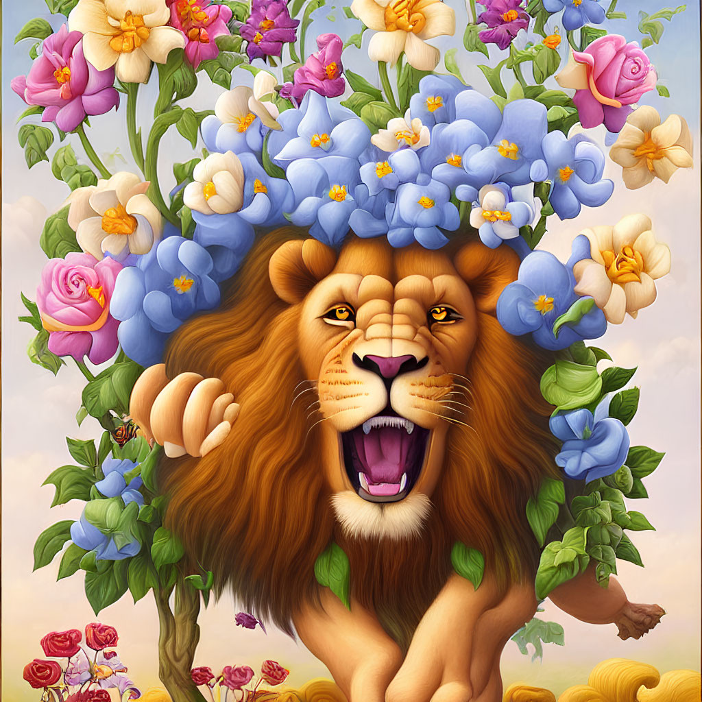 Colorful Flower Mane Lion Against Cloudy Background