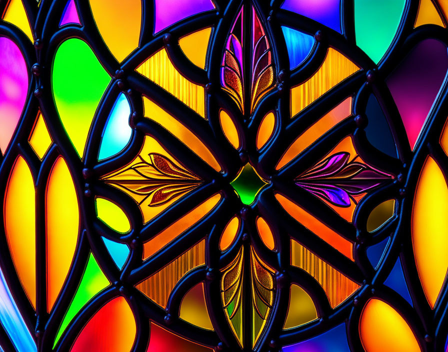 Colorful Stained Glass Window with Intricate Floral Patterns