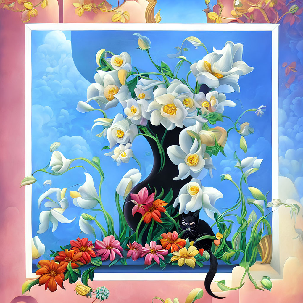 Surreal black vase painting with white flowers and black cat on cloud background