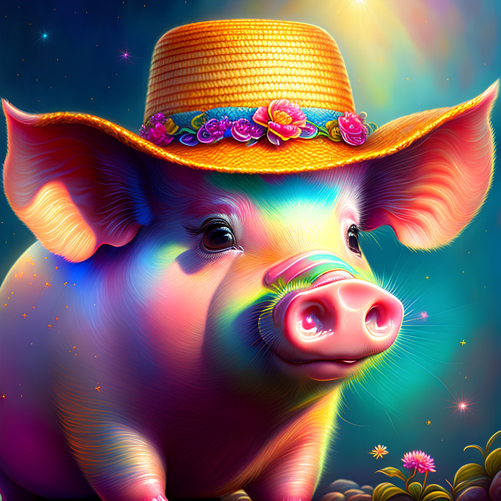 Colorful Pig in Flowered Straw Hat on Starry Background