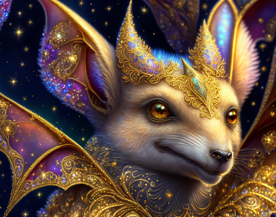 Golden-masked fox with translucent wings in midnight blue starry backdrop