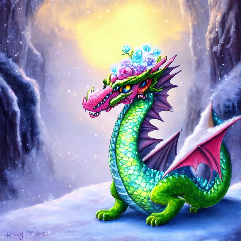 Colorful Green Dragon in Snowy Landscape with Yellow Aura