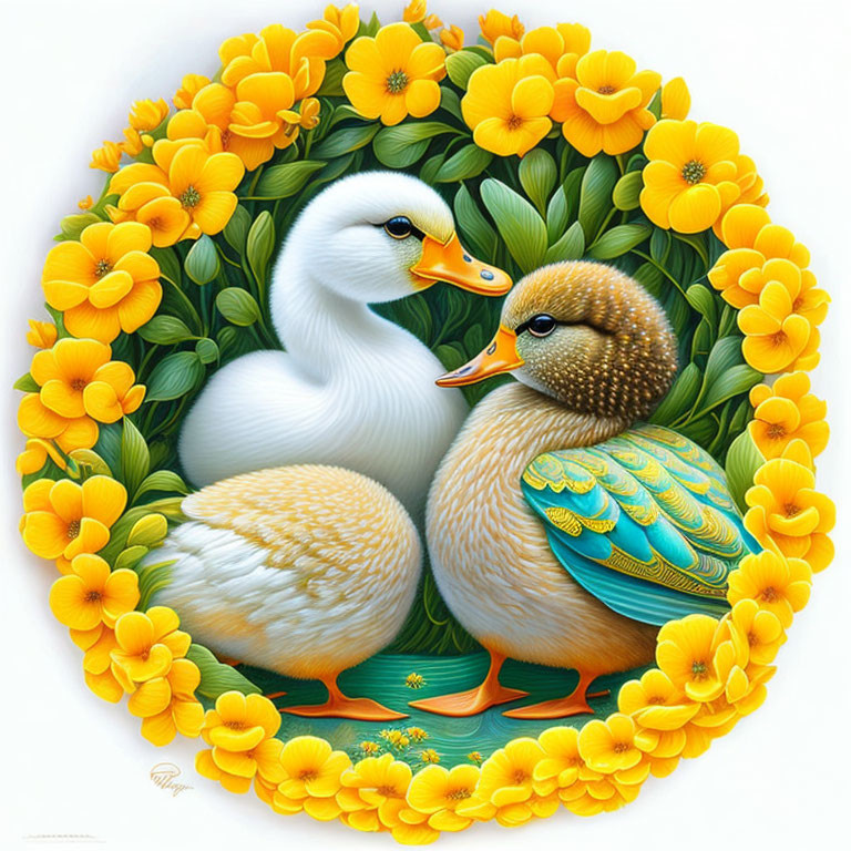 Stylized ducks in circular floral setting