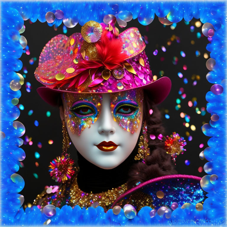 Colorful Carnival Attire with Mask and Hat in Bubble-filled Scene