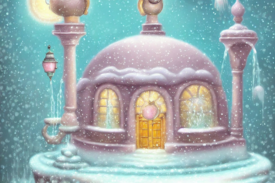 Snow-covered dome building with golden doors and glowing windows in falling snowflakes