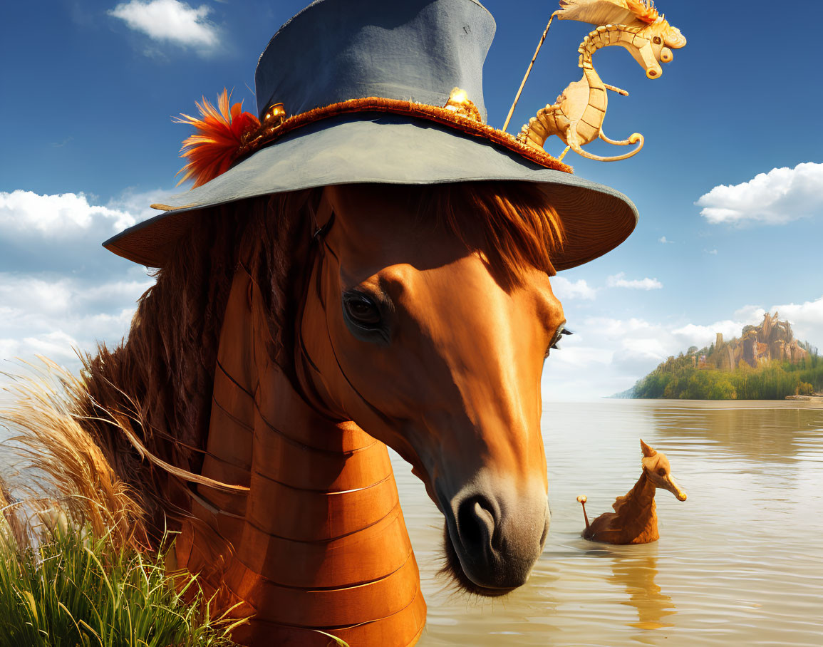 Whimsical horse with fancy hat and seahorse sculpture near water under clear sky