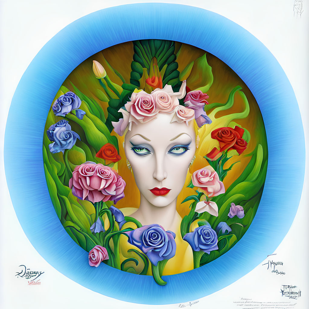 Vibrant floral circle surrounding woman's face on fiery leaf backdrop