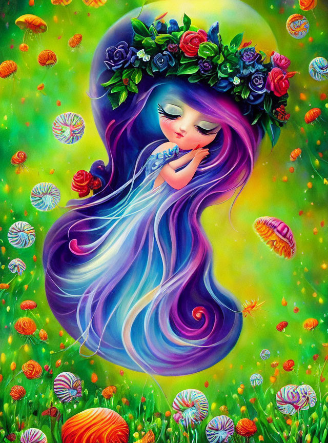 Vibrant illustration of whimsical girl with purple hair sleeping among lollipops and flowers