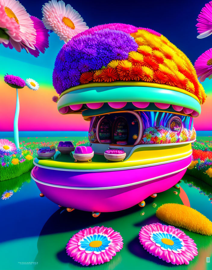 Colorful Flower-Adorned Burger Structure in Surreal Landscape