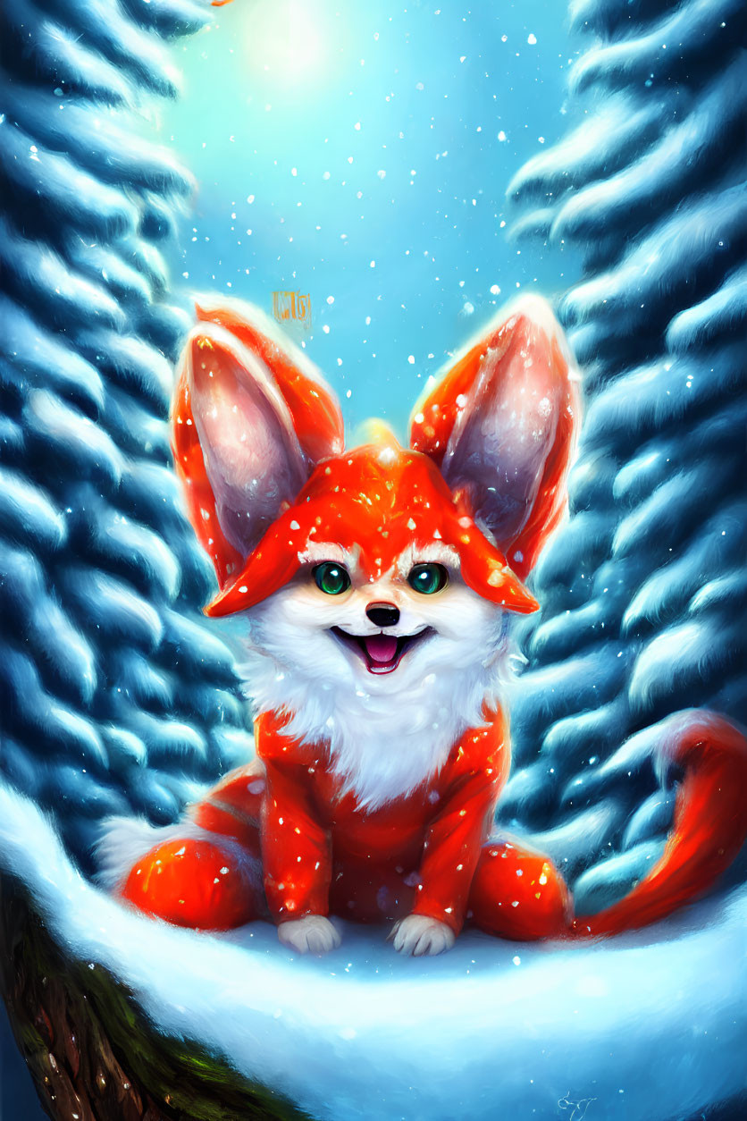 Colorful Fox Illustration on Snowy Branch in Winter Scene