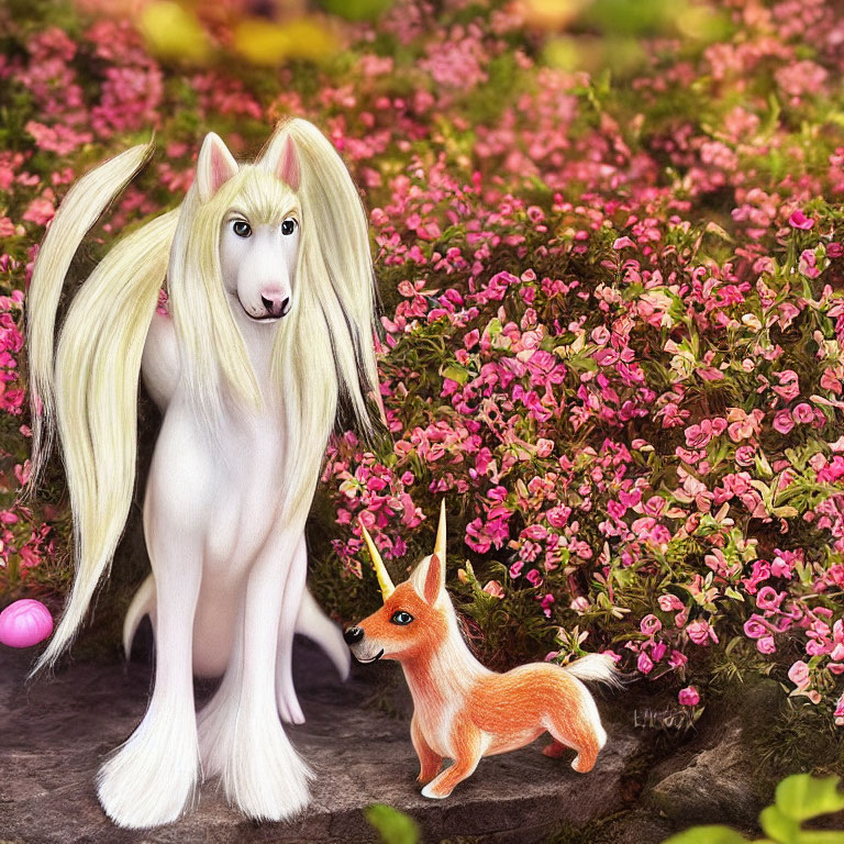 White Horse and Fox in Vibrant Garden Scene