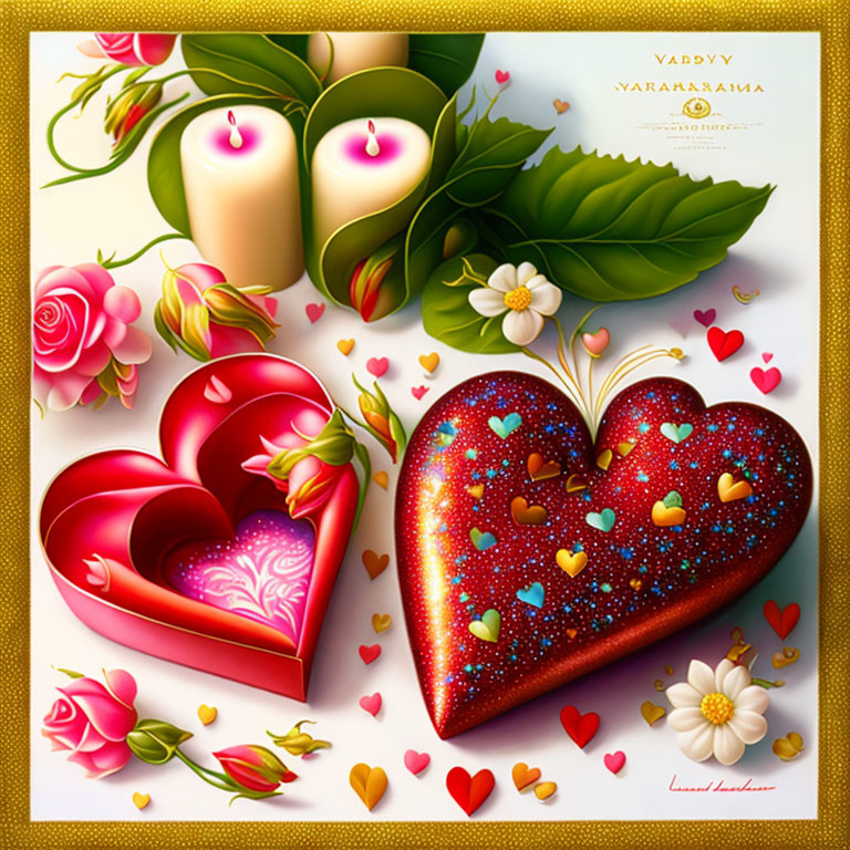 Colorful Heart-shaped Boxes, Roses, Candles, Petals & Leaves on White Background