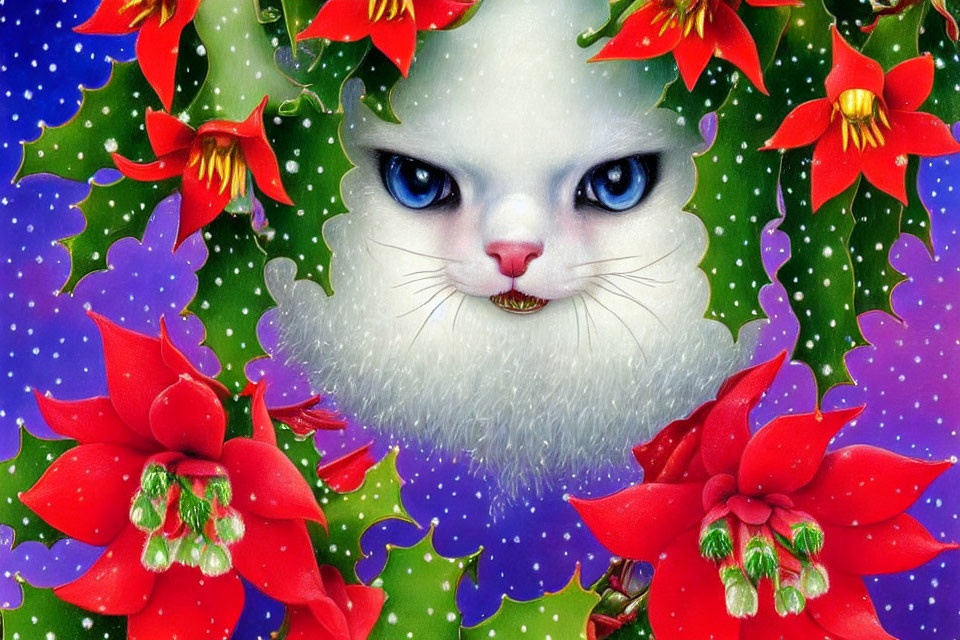 Cat's face blended with snowy background, poinsettias, and greenery in whimsical holiday