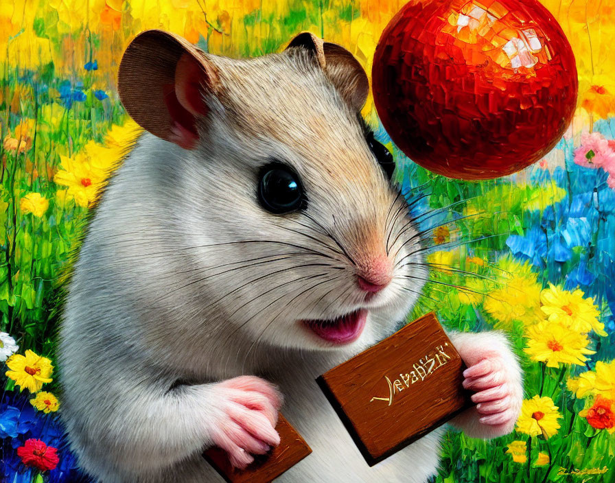 Large hamster holding sign with disco ball and flower field - whimsical image