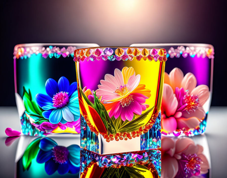 Three ornate glass tumblers with floral designs on reflective surface.