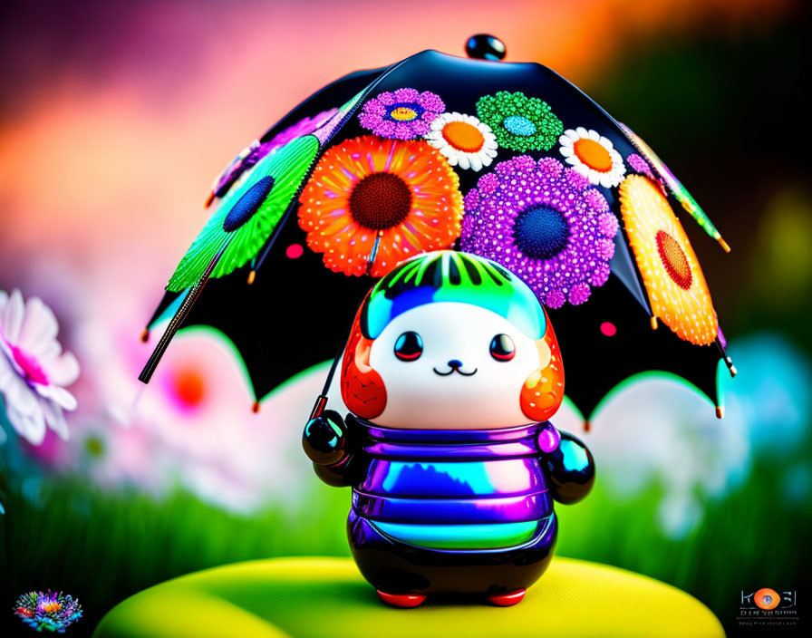 Colorful Cat Figurine with Headphones under Floral Umbrella surrounded by Bokeh Flowers