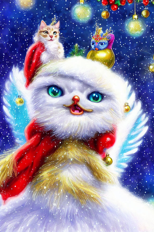 Blue-furred snowy creature with red scarf and white cat in festive setting