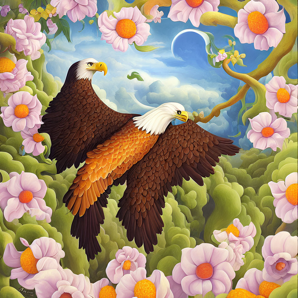 Majestic eagles soaring over vibrant flowers and lush greenery with serene crescent moon