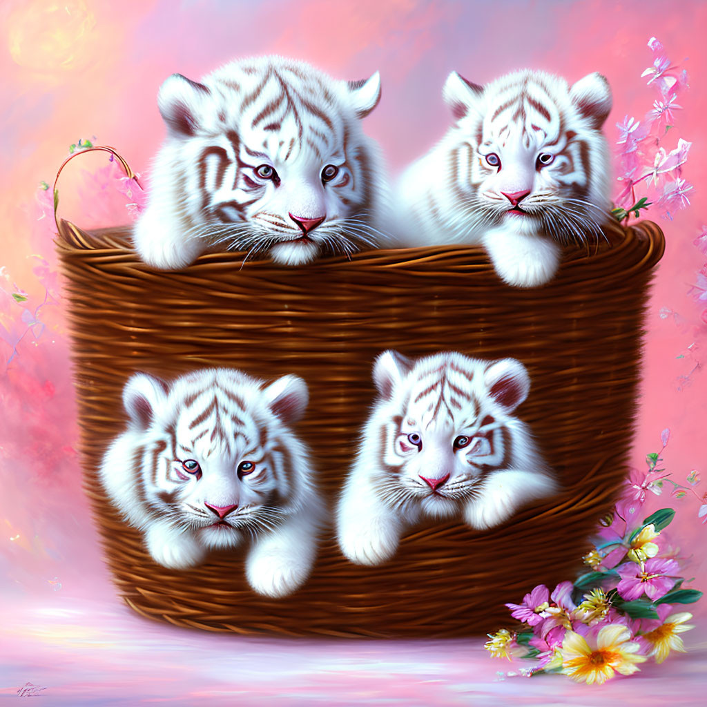 Four White Tiger Cubs with Blue Eyes in Wicker Basket with Soft Pastel Colors