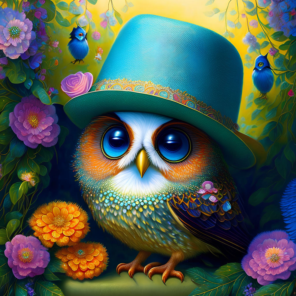 Colorful Owl in Teal Top Hat Surrounded by Flowers and Blue Birds