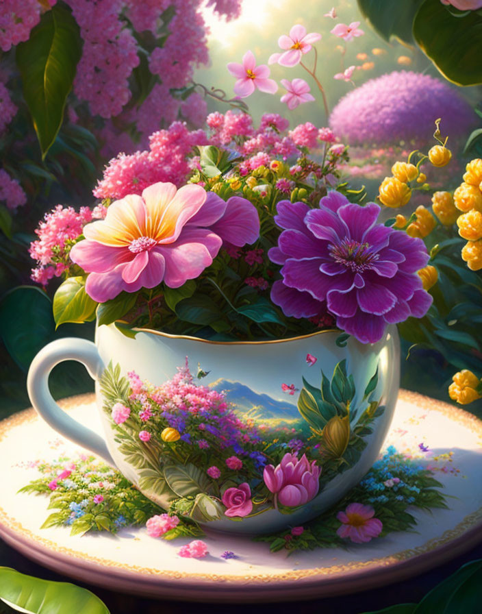 Colorful Flower-filled Teacup Against Lush Greenery