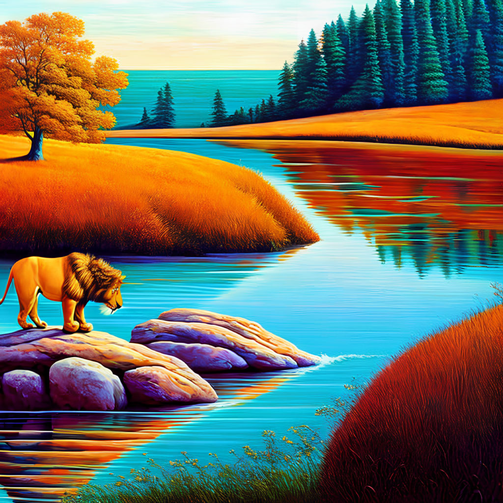 Detailed Illustration: Lion on Rocks by Serene Lake Amid Autumn Trees