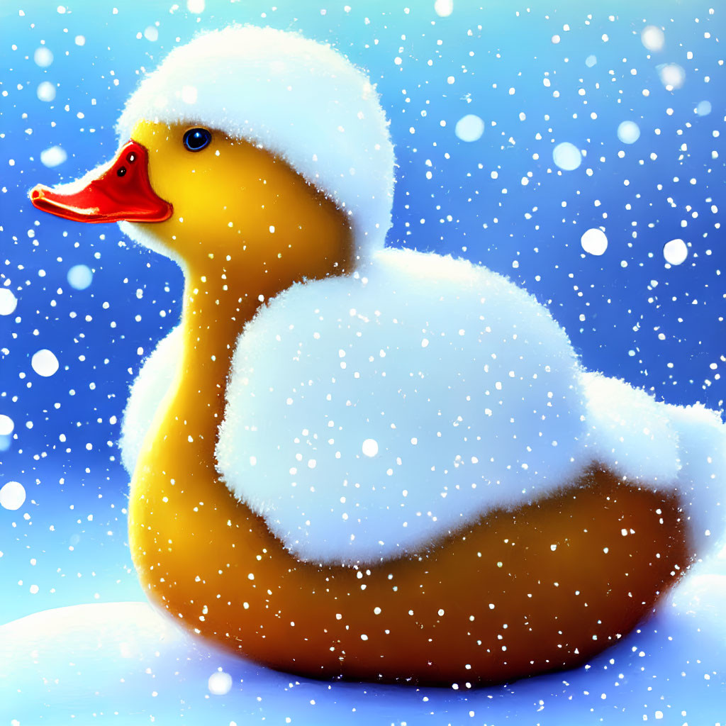 Vibrant snow-covered rubber duck in colorful illustration