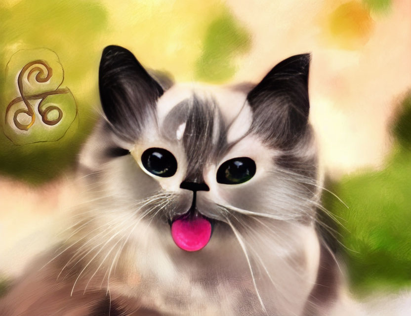 Whimsical gray and white cat with oversized eyes and pink tongue