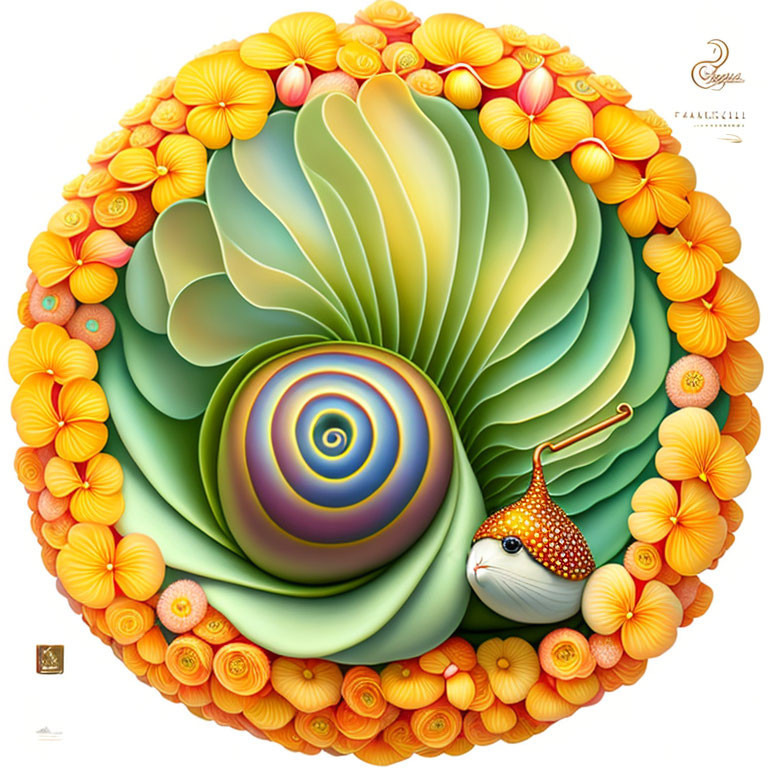 Abstract snail with patterned shell among stylized flowers and leaves