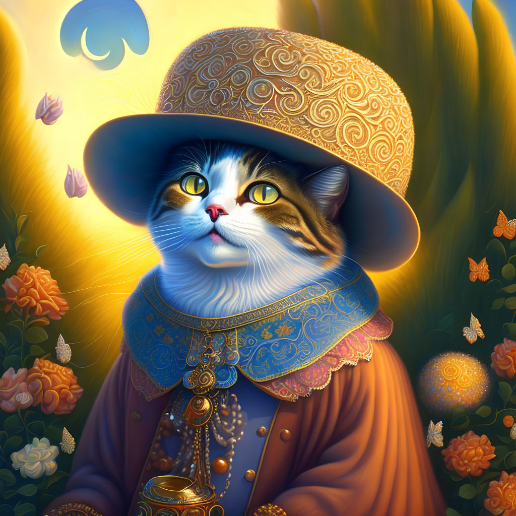 Whimsical cat illustration in vintage attire with butterflies