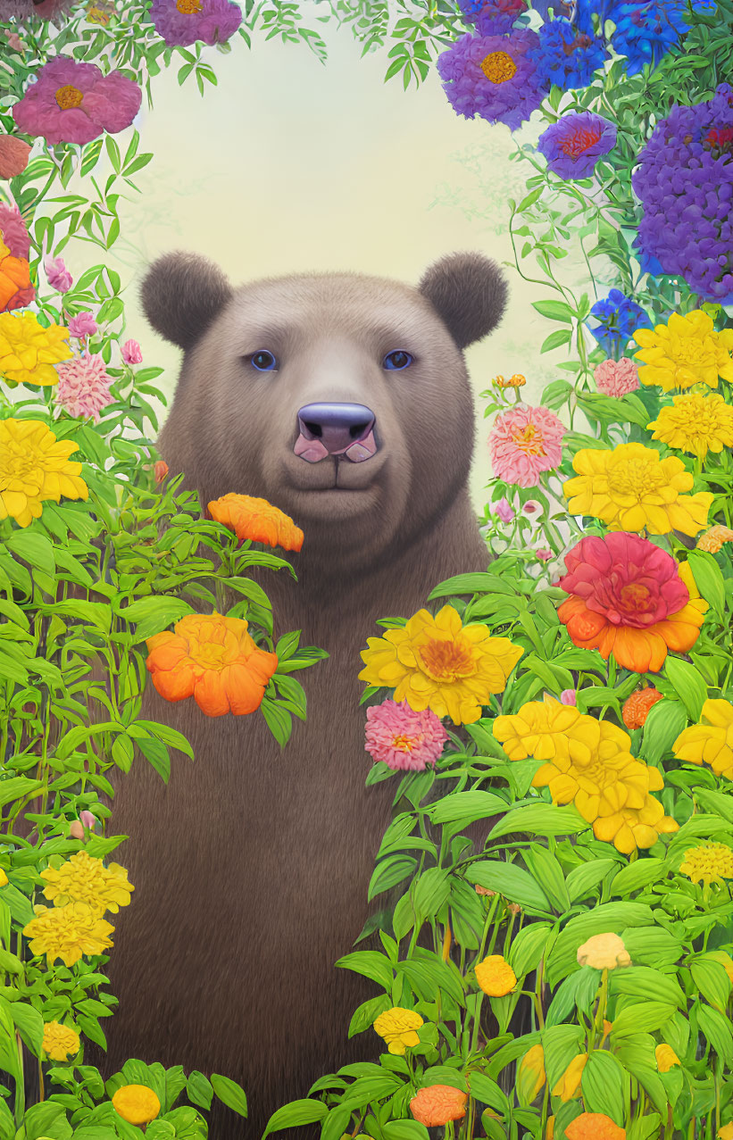 Brown Bear Peeking from Colorful Flower Garden