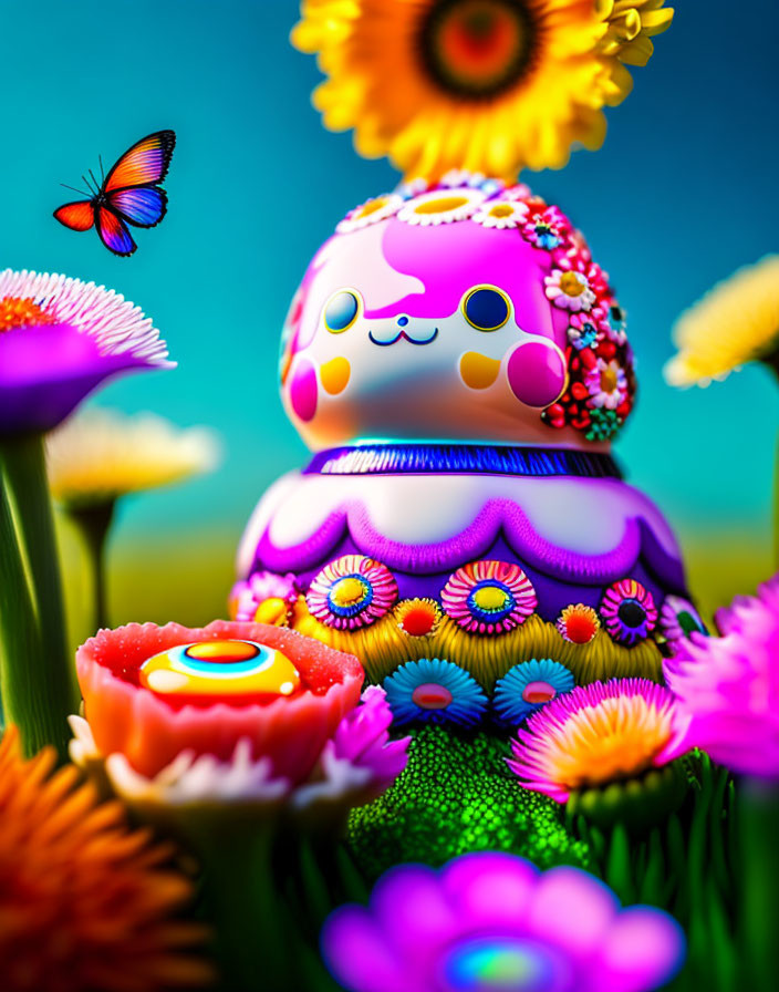 Colorful Matryoshka Doll with Flowers and Butterfly on Blue Sky Background