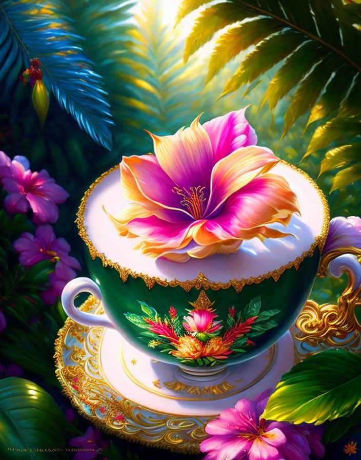 Ornate teacup with vibrant pink flower on green and purple backdrop