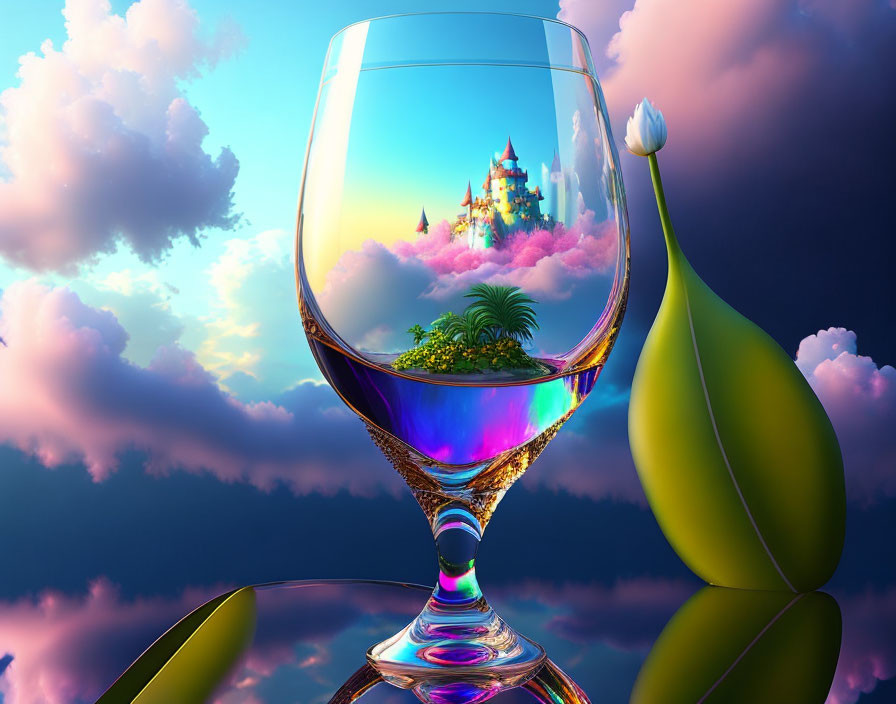 Surreal image: wine glass with fantasy castle and tulip bulb