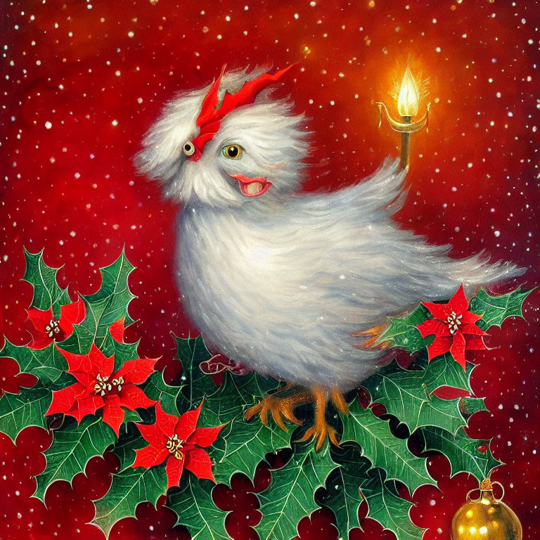 Fluffy white chicken with red bow and candle, holly leaves and berries, gold bauble on