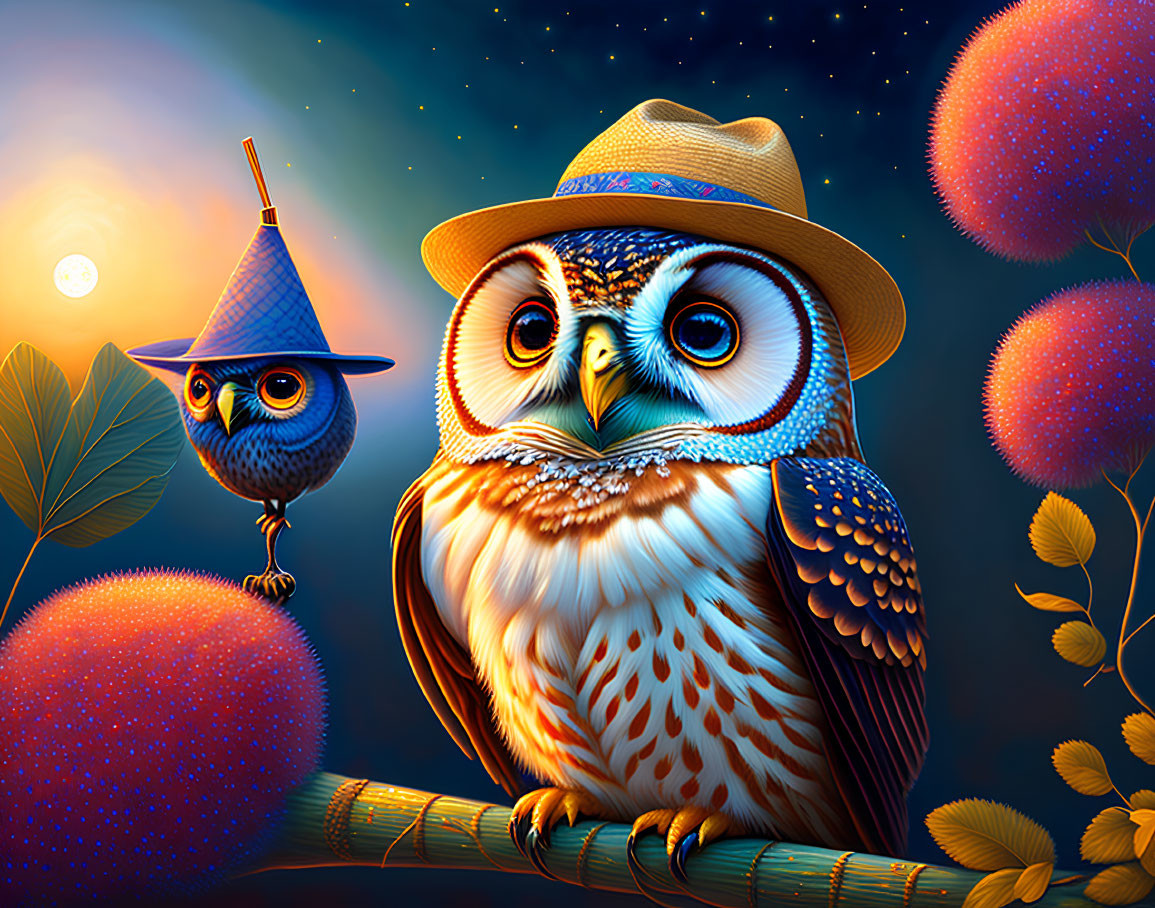 Colorful cartoon owls on branch at night with flowers under starry sky