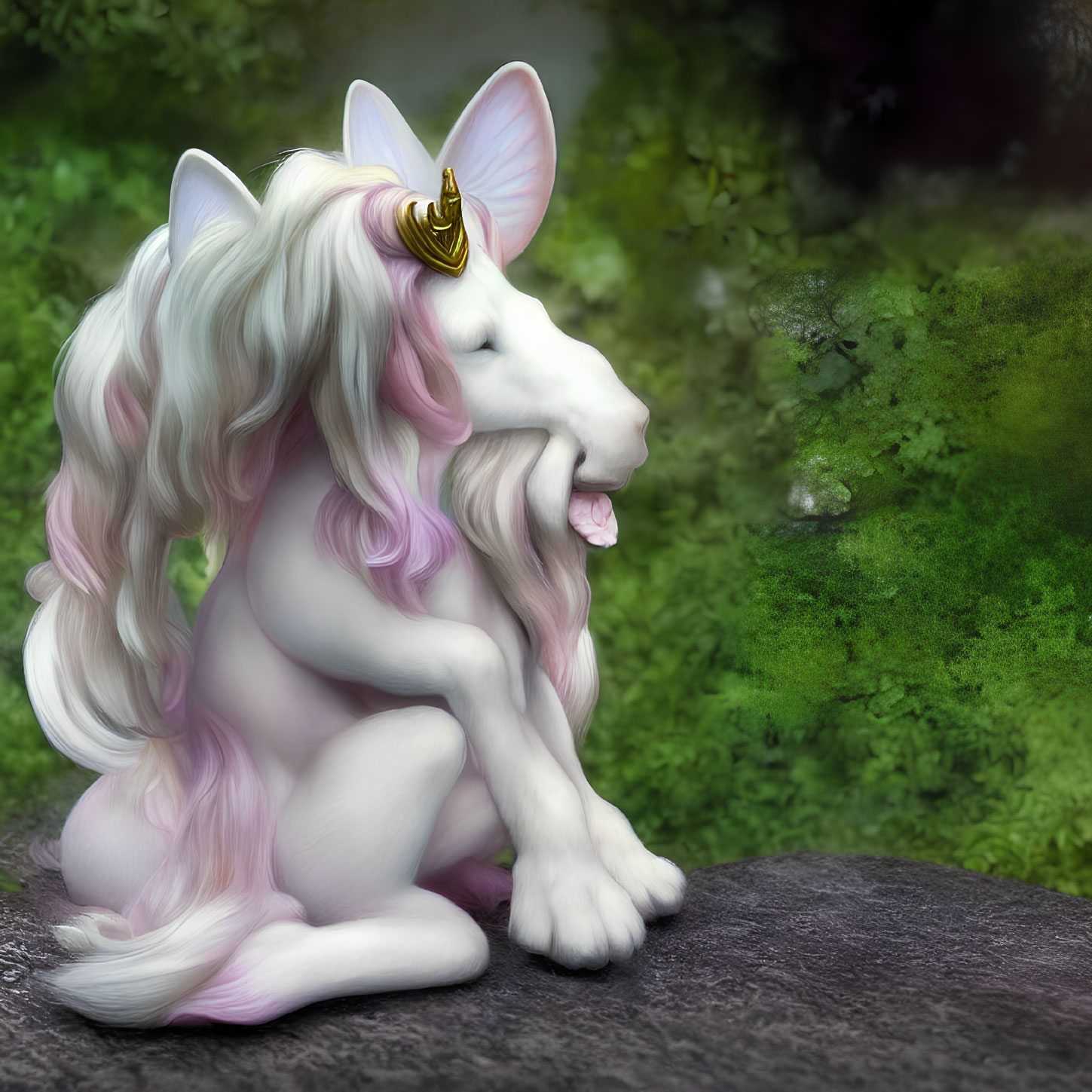 White Unicorn with Pink Mane and Golden Horn in Lush Green Setting